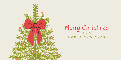 Vintage vector Merry Christmas horizontal holiday banner, cover, card, background. Hand-drawn Xmas tree with big bow and color confetti for season greetings, sales, print, ads. Pencil drawing style.