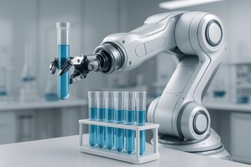 Robotic arm holding test tube with blue liquid in a modern laboratory, science and technology concept