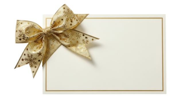 Elegant golden bow on a blank card transparent background cutout png