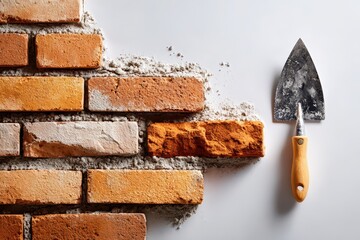 Close-up of bricks being laid with mortar, a trowel on a white background.