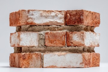 Obraz premium A close-up view of a small stack of rough red and white bricks with mortar.