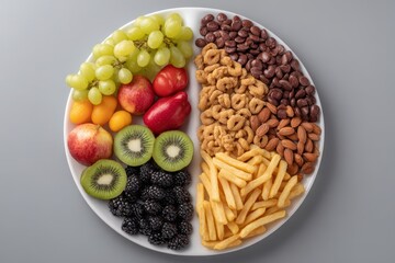 A diverse plate showcasing both healthy fruits and snack foods, symbolizing food choices.