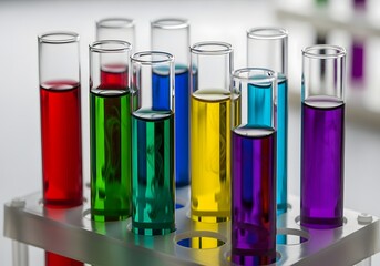 Close up of test tubes filled with colorful liquid for scientific research isolated on white background