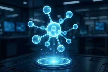 Futuristic hologram of a molecule structure floating above a platform in a science lab environment