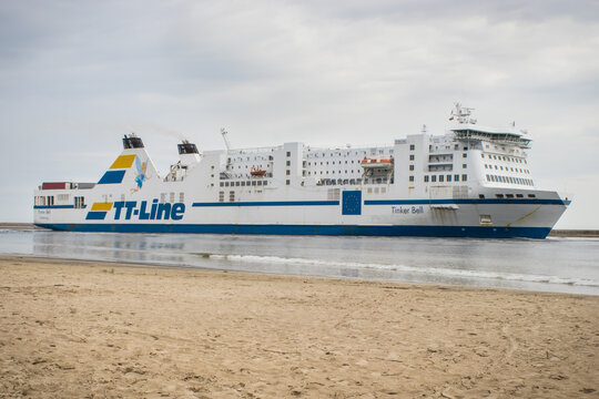 Swinoujscie, West Pomeranian - Poland - June 05, 2025: TT-Line Tinker Bell ferry entering to port of Swinoujscie. Transport passengers and cars from Sweden