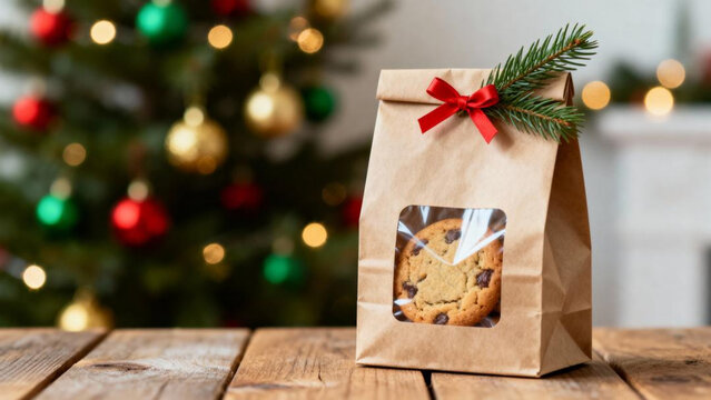 Christmas cookie gift in kraft paper bag with pine decoration