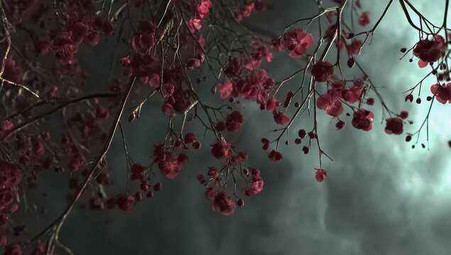 Branch of red flowers is shown in a blurry, cloudy sky. The flowers are in full bloom, and the sky is dark and moody - Powered by Adobe
