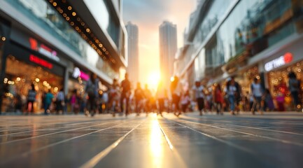 Obraz premium Bustling city street filled with people walking in various directions. The sun is shining brightly in the background