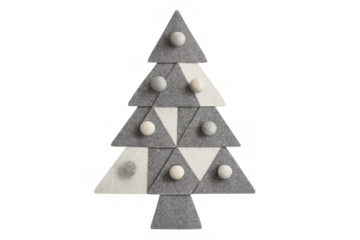 Felt christmas tree made of geometric triangles and decorative balls, minimalist holiday craft on transparent background