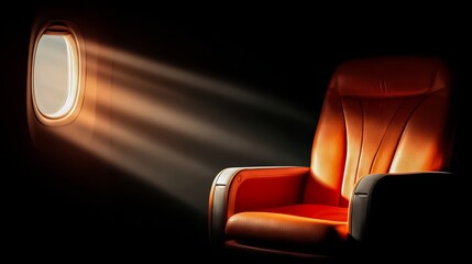 Chair is lit up by the sun shining through the window. The chair is orange and is in the foreground of the image