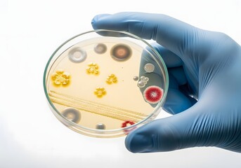 Petri dish with bacterial colonies held by gloved hand isolated on white background