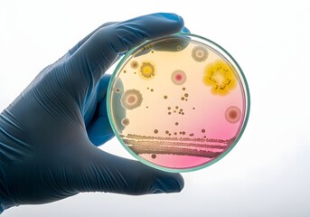 Petri dish with colorful bacterial colonies held by gloved hand isolated on white background