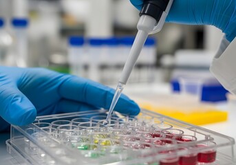 Close up of scientist using micro pipette to transfer liquid into microtiter plate in laboratory