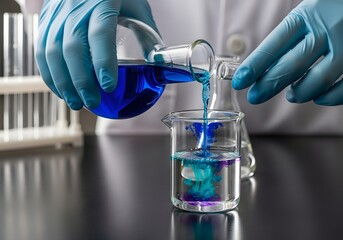 Scientist in blue gloves pouring blue liquid into a beaker in a laboratory setting on a dark surface