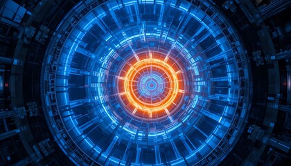 Nuclear fusion reactor core glows with brilliant blue plasma inside advanced containment vessel, showcasing controlled atomic power within a state-of-the-art research facility.