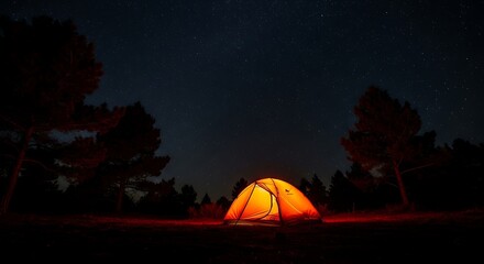 Glowing orange tent illuminated at night in a dark forest with stars above
