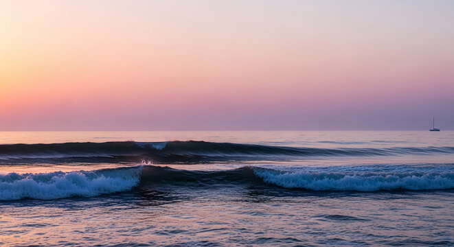Ocean wave under pastel sky, creating serene and calming seascape, representative of tranquility, peace, and travel, suitable for relaxation themes