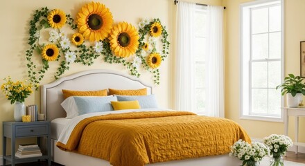 Sunflower Bedroom: A bright, inviting bedroom decorated with sunflowers, creating a warm, cozy atmosphere. The bed features a vibrant yellow quilt and pillows, complementing the cheerful theme.