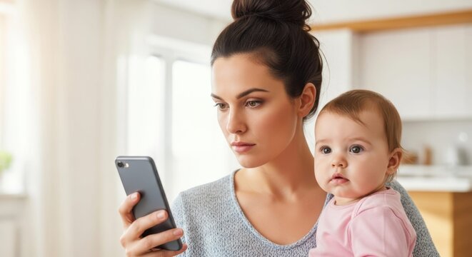 Moments of Modern Parenthood: A young mother multi-tasks with her baby, engrossed in a mobile phone. Capturing the essence of modern motherhood.