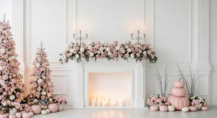 Naklejka premium Elegant Floral Fireplace: A beautifully decorated fireplace adorned with soft pink flowers, candles, and seasonal accents. the perfect backdrop for warmth and beauty
