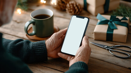 Close-up of senior hands holding a phone with a blank screen. Christmas holiday mockup with gift wrapping and coffee in a cozy setting