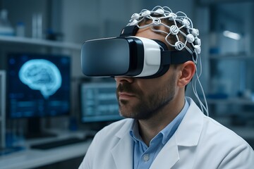 Man in virtual reality headset with brain interface for neuroscience research and development