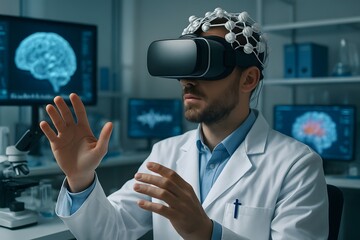 Scientist using virtual reality for brain research and data analysis in modern laboratory setting