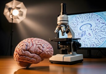 Human brain model and microscope for neurological research and medical study concept