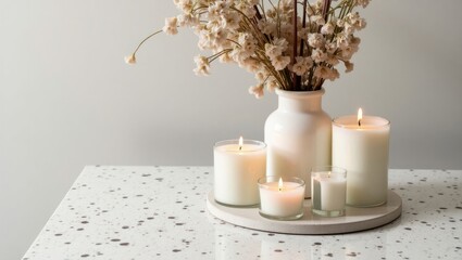 Elegant composition of white candles and dried flowers in soft natural lighting. Aesthetic home decor scene perfect for relaxation, hygge lifestyle, and minimalist interior inspiration