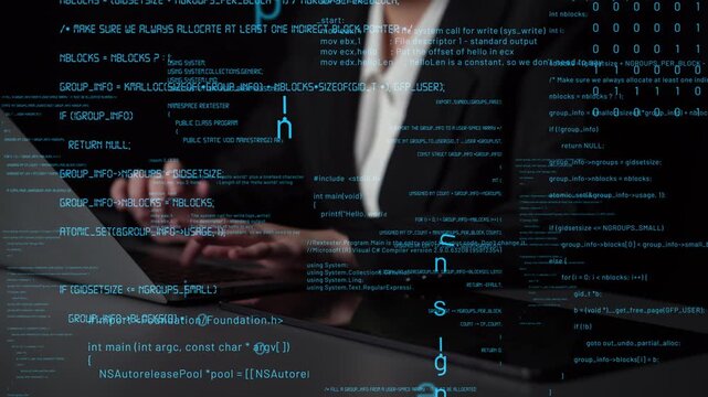 A focused professional programmer engaged in typing code on a laptop, with dynamic streams of digital information surrounding them in a sleek tech workspace. Xenic