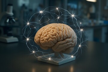 Human brain model surrounded by glowing neural network in a laboratory setting