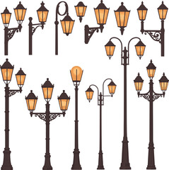 Vintage street lamp collection, ornate lantern designs, amber glow, urban lighting elements, vector illustration, historical outdoor decor, city infrastructure icons