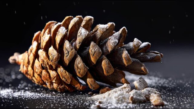 A pine cone lightly dusted with snow and powder rests on a dark surface under soft lighting