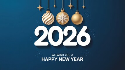 Elegant 2026 happy new year greeting card with decorative christmas balls