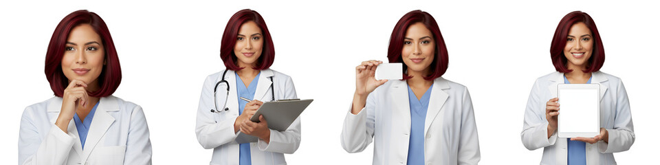 Four versatile cutouts of a 25-year-old female doctor with a red bob, isolated on a transparent background. Ideal for medical branding, healthcare advertising, presentations,