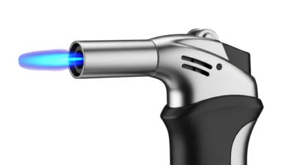 Silver and black torch lighter with blue flame transparent background cutout png