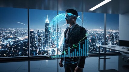 Double exposure of a CEO and a visualization of global data and financial growth - Powered by Adobe
