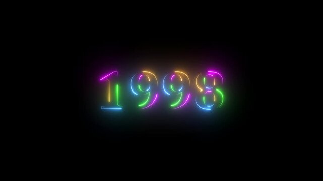 1998 neon line text. Abstract 1998 neon text animation ,For neon color Glowing neon number text background 4k video animation . 1998 title metal text on glowing text animation black background