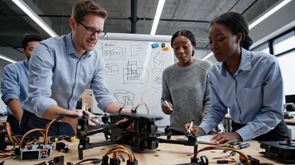 Diverse Team Collaborates on Drone Assembly and Design in Modern Tech Lab - Powered by Adobe