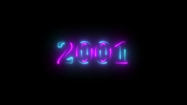 2001 neon line text. Abstract 2001 neon text animation ,Four color neon Glowing neon number text background 4k video animated .Happy new year 2001 greetings new year concept