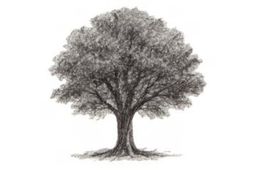 Charcoal tree sketch illustrating nature, growth, and environment themes on a transparent canvas