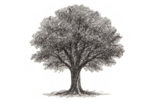 Charcoal tree sketch illustrating nature, growth, and environment themes on a transparent canvas