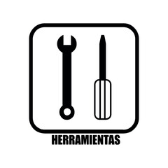 A black and white illustration of a wrench and a screwdriver inside a rounded square border design