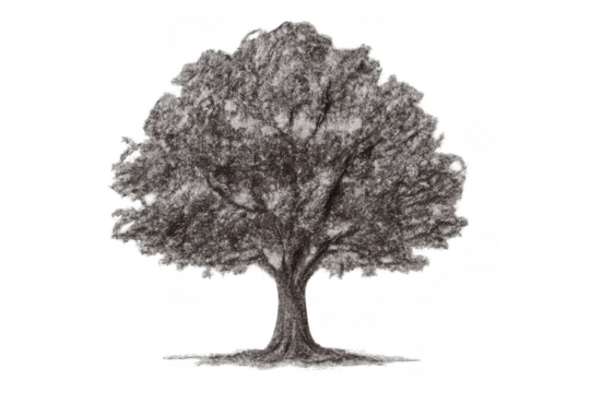 Hand drawing of a tree in charcoal or pencil style, representing nature, growth, and environmental concepts, transparent background