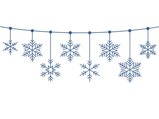 A string of blue snowflakes hanging on a line for decoration.