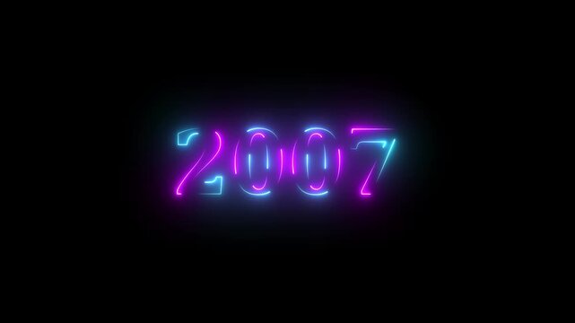 glowing neon New Year 2007 animated. 2007 number neon text black background animation. Neon light countdown 2007 Sal number icon background 4K animation.
