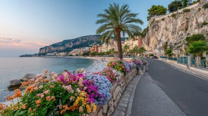 Coastal road with palm tree flowers and seaside scenery at sunset