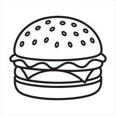 Simple outline drawing of a delicious cheeseburger with sesame seed bun and melted cheese slices