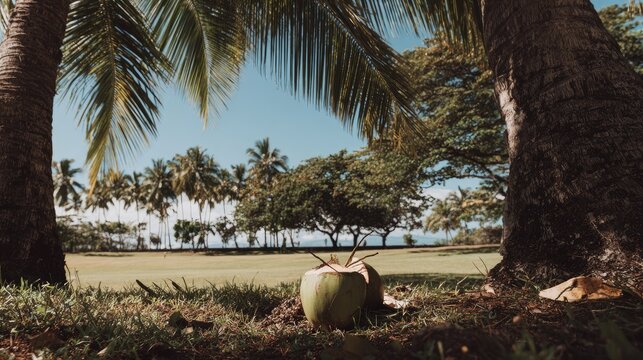 Coconut on grassy area with palm trees under a clear blue sky