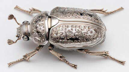 Ornate Silver Scarab Beetle Figurine with Intricate Detailing.